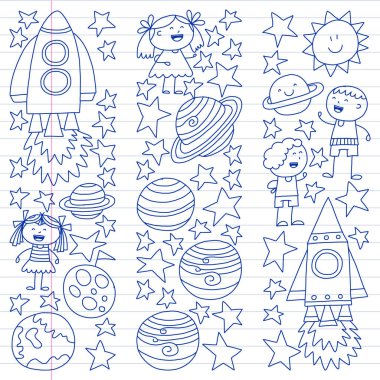 Doodle tarzı alanı öğeleri simgelerin vektör kümesi. Boyalı, beyaz bir arka plan üzerinde Kareli kağıt üzerine bir kalemle çizilmiş.