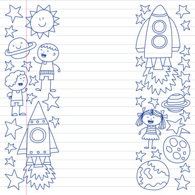 Doodle tarzı alanı öğeleri simgelerin vektör kümesi. Boyalı, beyaz bir arka plan üzerinde Kareli kağıt üzerine bir kalemle çizilmiş.