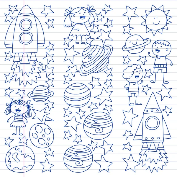 Conjunto vectorial de iconos de elementos espaciales en estilo doodle. Pintado, dibujado con una pluma, sobre una hoja de papel a cuadros sobre un fondo blanco . — Vector de stock