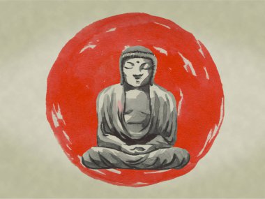 Japonya geleneksel sumi-e boyama. Suluboya ve mürekkep çizim stili sumi-e, u-sin. Fuji Dağı, sakura, günbatımı. Japonya güneş. Hint mürekkebi çizimde. Japon resim.