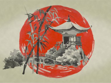 Japonya geleneksel sumi-e boyama. Suluboya ve mürekkep çizim stili sumi-e, u-sin. Fuji Dağı, sakura, günbatımı. Japonya güneş. Hint mürekkebi çizimde. Japon resim.