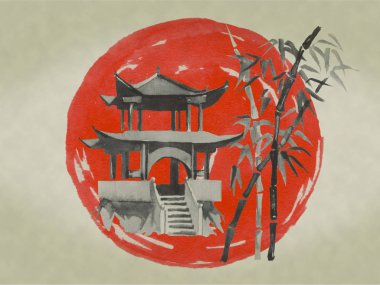 Japonya geleneksel sumi-e boyama. Suluboya ve mürekkep çizim stili sumi-e, u-sin. Fuji Dağı, sakura, günbatımı. Japonya güneş. Hint mürekkebi çizimde. Japon resim.