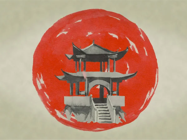 Japan traditionella sumi-e målning. Akvarell och tusch illustration i stil sumi-e, u-synden. Fuji berget, sakura, solnedgång. Japan solen. Indian ink illustration. Japanska bild. — Stockfoto