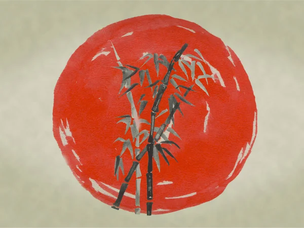 Japan traditionella sumi-e målning. Akvarell och tusch illustration i stil sumi-e, u-synden. Fuji berget, sakura, solnedgång. Japan solen. Indian ink illustration. Japanska bild. — Stockfoto