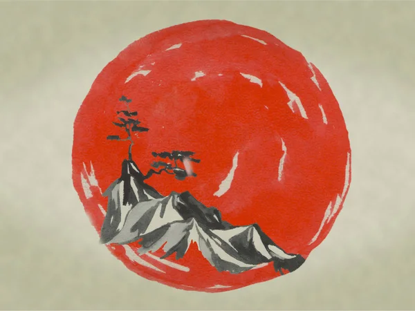Japonia tradycyjnych sumi-e malarstwo. Ilustracja akwareli i tuszu w stylu sumi-e, u grzech. Góra Fuji, sakura, zachód słońca. Słońce w Japonii. Rysunek tuszem. Japoński obraz. — Zdjęcie stockowe