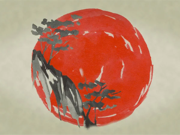 Japonia tradycyjnych sumi-e malarstwo. Ilustracja akwareli i tuszu w stylu sumi-e, u grzech. Góra Fuji, sakura, zachód słońca. Słońce w Japonii. Rysunek tuszem. Japoński obraz. — Zdjęcie stockowe