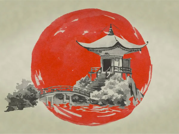 Japão pintura tradicional sumi-e. Aquarela e tinta ilustração em estilo sumi-e, u-sin. Montanha Fuji, sakura, pôr-do-sol. Sol do Japão. Ilustração de tinta indiana. Imagem japonesa . — Fotografia de Stock