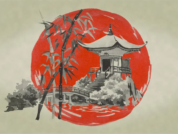 Giappone tradizionale pittura sumi-e. Illustrazione acquerello e inchiostro in stile sumi-e, u-sin. Montagna Fuji, sakura, tramonto. Sole giapponese. Illustrazione inchiostro indiano. Immagine giapponese . — Foto Stock