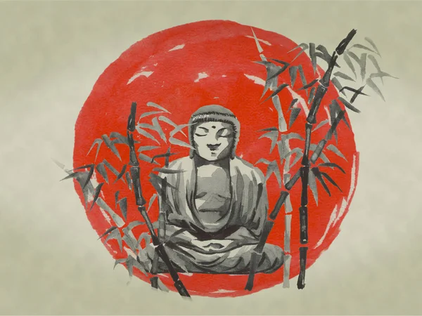Japan traditional sumi-e painting. Watercolor and ink illustration in style sumi-e, u-sin. Fuji mountain, sakura, sunset. Japan sun. Indian ink illustration. Japanese picture.