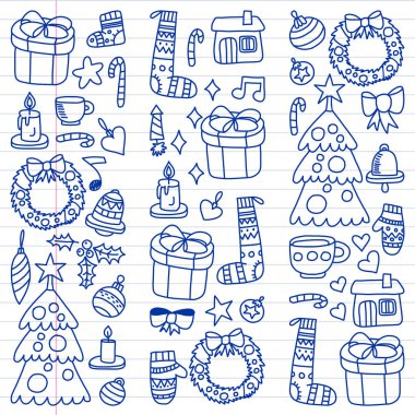 Noel set vektör, kış gün 2019, 2020 tatil, illüstrasyon vektör. Yeni yıl desen, çocuk çizimleri ile bir öğretmen simgeler doodle tarzı. Bir parça boyalı, renkli, gradyan