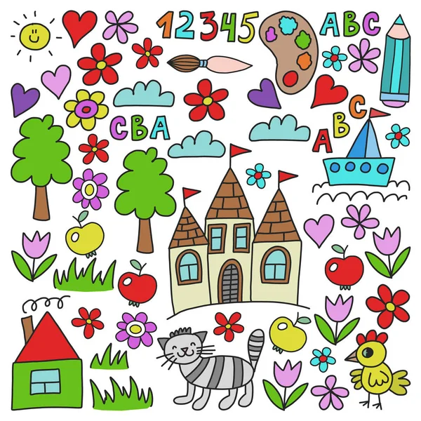 Przedszkole wzór, wzór ciągnione dzieci elementy ogrodu, rysunek, wektor ilustracja kolorowy. — Wektor stockowy