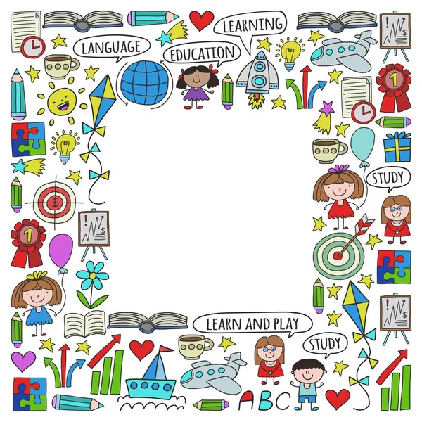 Conjunto vetorial de aprendizagem da língua inglesa, ícones de desenho infantil em estilo doodle. Pintado, colorido, imagens em um pedaço de papel sobre fundo branco . —  Vetores de Stock