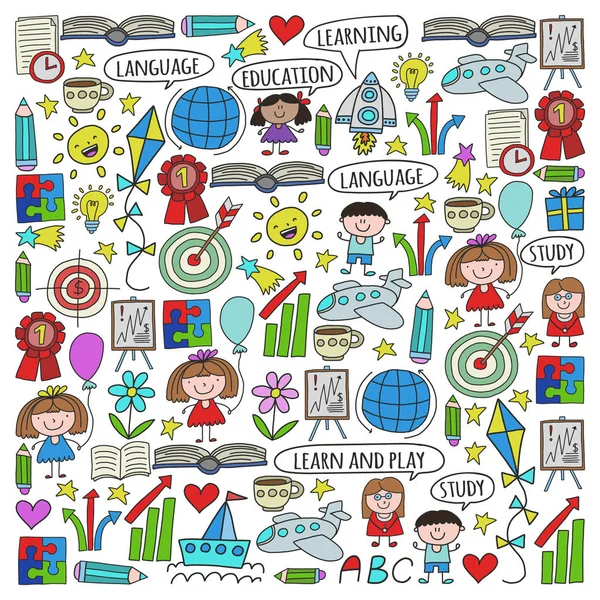 Conjunto vectorial de aprendizaje del idioma inglés, los niños dibujan iconos en estilo garabato. Pintado, colorido, imágenes en un pedazo de papel sobre fondo blanco . — Archivo Imágenes Vectoriales