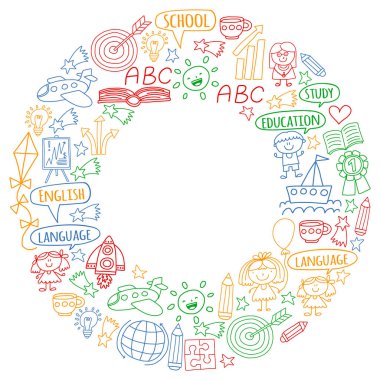 Vektör öğrenme İngilizce dilini ayarlamak, çocuk simgeleri çizim stili doodle. Kağıda beyaz zemin üzerine boyalı, renkli, Resimler.
