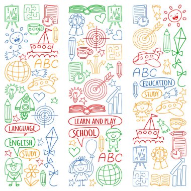 Vektör öğrenme İngilizce dilini ayarlamak, çocuk simgeleri çizim stili doodle. Kağıda beyaz zemin üzerine boyalı, renkli, Resimler.