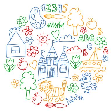 Anaokulu desen, çizilmiş çocuklar bahçe elemanları desen, çizim doodle, illüstrasyon, renkli vektör.