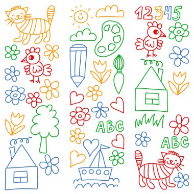 Anaokulu desen, çizilmiş çocuklar bahçe elemanları desen, çizim doodle, illüstrasyon, renkli vektör.
