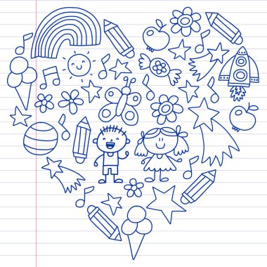 Çocuk Bahçesi, kuvvetler, çizilmiş çocuk bahçe elemanları desen el, illüstrasyon, vektör, illüstrasyon doodle.