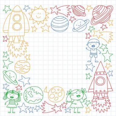 Doodle tarzı alanı öğeleri simgelerin vektör kümesi. Beyaz bir arka plan üzerinde Kareli kağıt üzerine bir boyalı, renkli, Resimler.