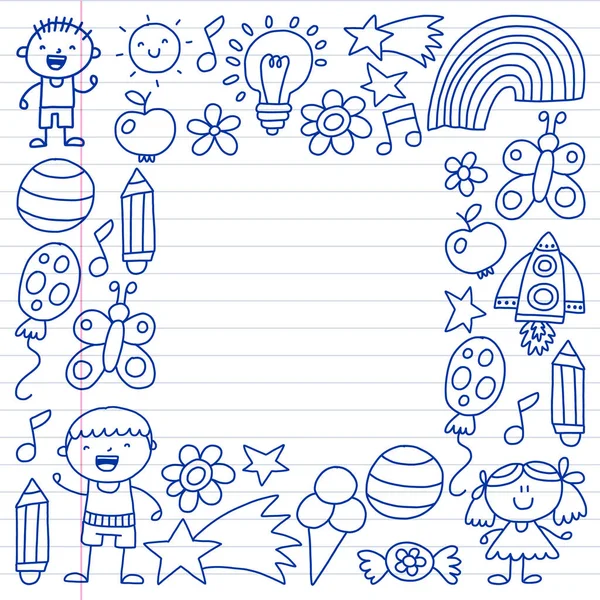 Jardín de los niños, Patern, dibujado a mano patrón de elementos de jardín de los niños, doodle ilustración, Vector, ilustración . — Vector de stock