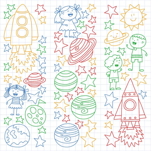 Vector set of space elements icons in doodle style. Painted, colorful, pictures on a sheet of checkered paper on a white background. — Stock Vector