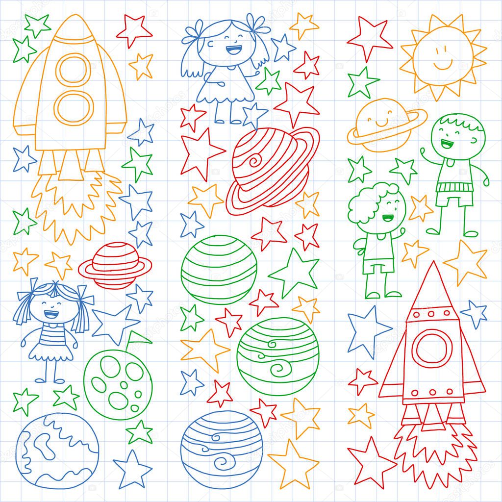 Vector set of space elements icons in doodle style. Painted, colorful, pictures on a sheet of checkered paper on a white background.