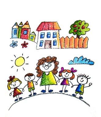 Çocuklar resim çiziyor. Uzay keşfi. Okul, anaokulu illüstrasyonu. Oyna ve büyü. Pastel boya. Ufo, uzaylı, uzay gemisi, roket, gökkuşağı.