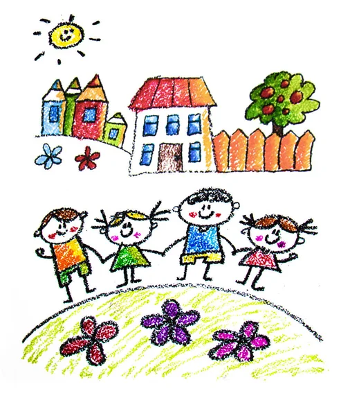 Kids drawing image. Space exploration. School, kindergarten illustration. Play and grow. Crayon image. Ufo, alien, spaceship, rocket, rainbow.