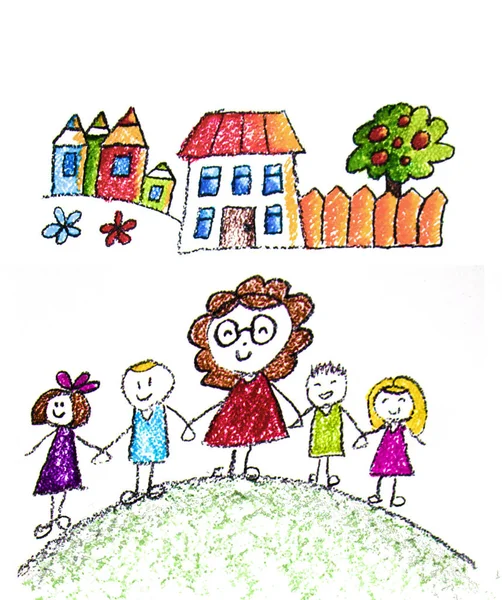 Kids drawing image. Space exploration. School, kindergarten illustration. Play and grow. Crayon image. Ufo, alien, spaceship, rocket, rainbow.