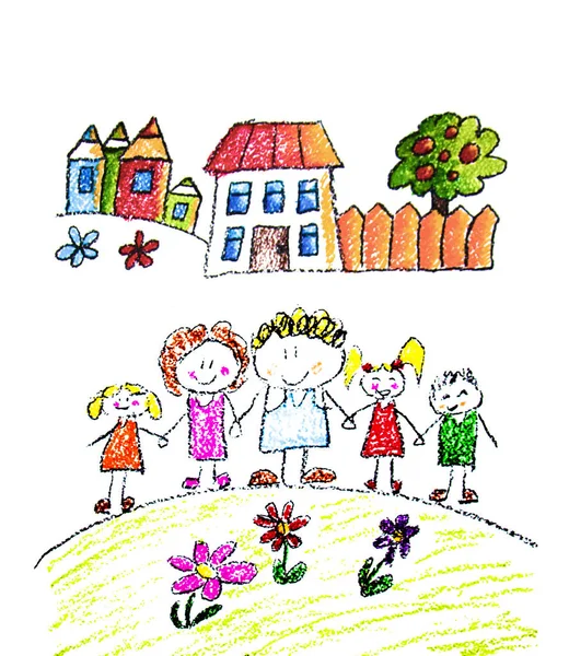 Kids drawing image. Space exploration. School, kindergarten illustration. Play and grow. Crayon image. Ufo, alien, spaceship, rocket, rainbow. — Stock Photo, Image