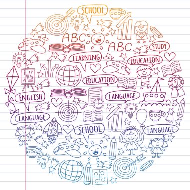 İngilizce dil, çocuk drawingicons doodle tarzı öğrenme seti vektör. Boyalı, renkli, beyaz arka plan üzerinde lineer kağıt parçası üzerinde gradyan.