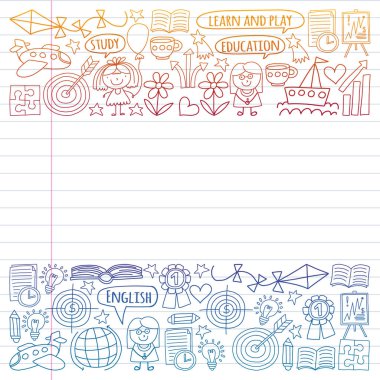 İngilizce dil, çocuk drawingicons doodle tarzı öğrenme seti vektör. Boyalı, renkli, beyaz arka plan üzerinde lineer kağıt parçası üzerinde gradyan.