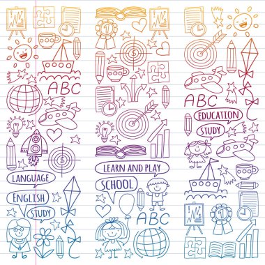 İngilizce dil, çocuk drawingicons doodle tarzı öğrenme seti vektör. Boyalı, renkli, beyaz arka plan üzerinde lineer kağıt parçası üzerinde gradyan.