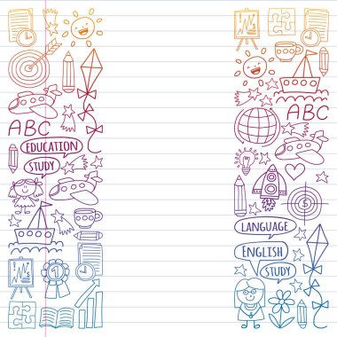 İngilizce dil, çocuk drawingicons doodle tarzı öğrenme seti vektör. Boyalı, renkli, beyaz arka plan üzerinde lineer kağıt parçası üzerinde gradyan.