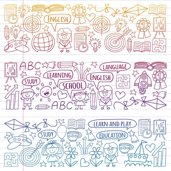 Set vettoriale di apprendimento della lingua inglese, disegni per bambini in stile doodle. Dipinto, colorato, sfumato su un pezzo di carta lineare su sfondo bianco . — Vettoriale Stock