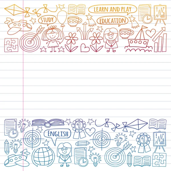 İngilizce dil, çocuk drawingicons doodle tarzı öğrenme seti vektör. Boyalı, renkli, beyaz arka plan üzerinde lineer kağıt parçası üzerinde gradyan.