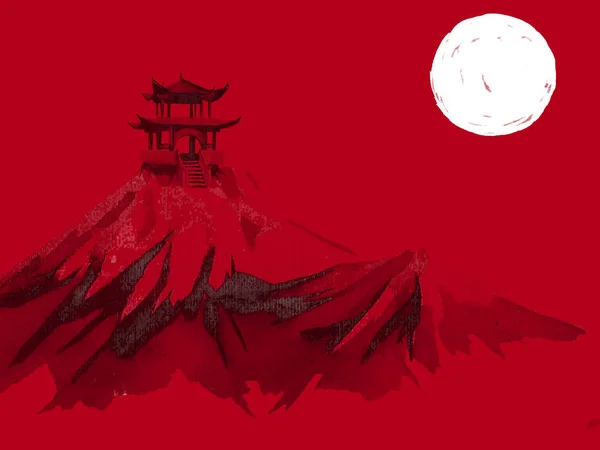 Japonsko tradiční sumi-e obraz. Akvarel a tuš ilustrace styl sumi-e,-u-sin. Hora Fudži, sakura, západ slunce. Japonsko slunce. Ilustrace tuší. Japonský obrázek, červené pozadí. — Stock fotografie