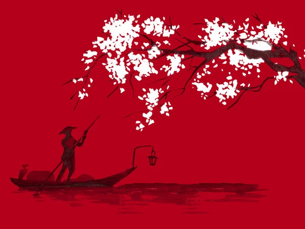 Japonya geleneksel sumi-e boyama. Suluboya ve mürekkep çizim stili sumi-e, u-sin. Fuji Dağı, sakura, günbatımı. Japonya güneş. Hint mürekkebi çizimde. Japon resim, kırmızı arka plan. — Stok fotoğraf