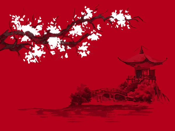 Lukisan tradisional sumi-e Jepang. Warna air dan tinta ilustrasi dalam gaya sumi-e, u-sin. Gunung Fuji, Sakura, matahari terbenam. Matahari Jepang. Ilustrasi tinta India. Gambar Jepang, latar belakang merah . — Stok Foto