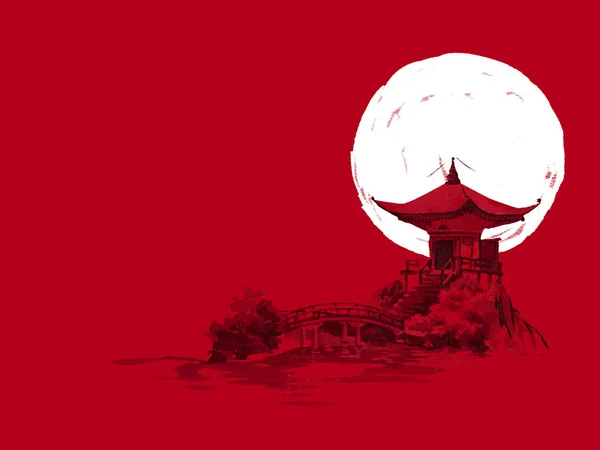 Japan traditional sumi-e painting. Watercolor and ink illustration in style sumi-e, u-sin. Fuji mountain, sakura, sunset. Japan sun. Indian ink illustration. Japanese picture, red background.