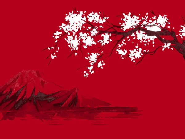 Japonia tradycyjnych sumi-e malarstwo. Ilustracja akwareli i tuszu w stylu sumi-e, u grzech. Góra Fuji, sakura, zachód słońca. Słońce w Japonii. Rysunek tuszem. Japoński obraz, czerwone tło. — Zdjęcie stockowe
