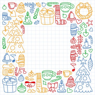 Noel set vektör, kış gün 2019, 2020 tatil, illüstrasyon vektör. Yeni yıl desen, çocuk çizimleri ile bir öğretmen simgeler doodle tarzı. Bir sayfada boyalı, renkli, Resimler