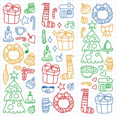 Noel set vektör, kış gün 2019, 2020 tatil, illüstrasyon vektör. Yeni yıl desen, çocuk çizimleri ile bir öğretmen simgeler doodle tarzı. Bir sayfada boyalı, renkli, Resimler