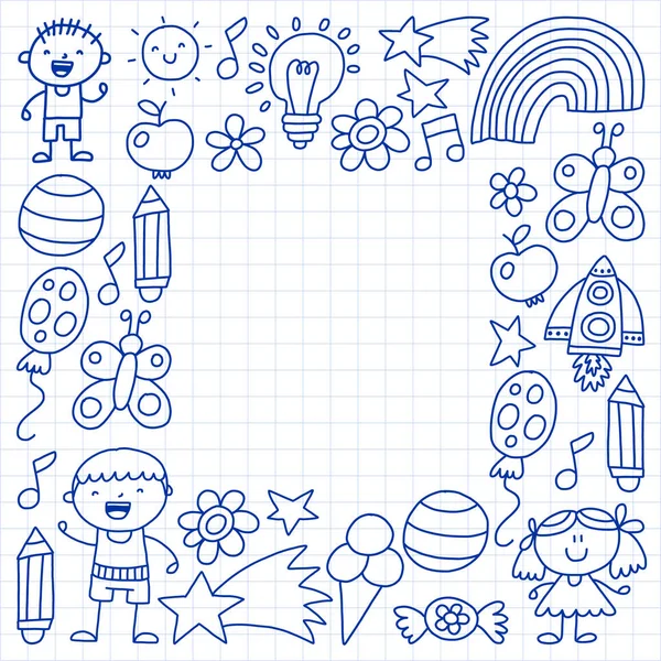 Jardín de los niños, Patern, dibujado a mano pluma niños jardín elementos patrón, doodle ilustración, Vector, ilustración, monocromo . — Vector de stock