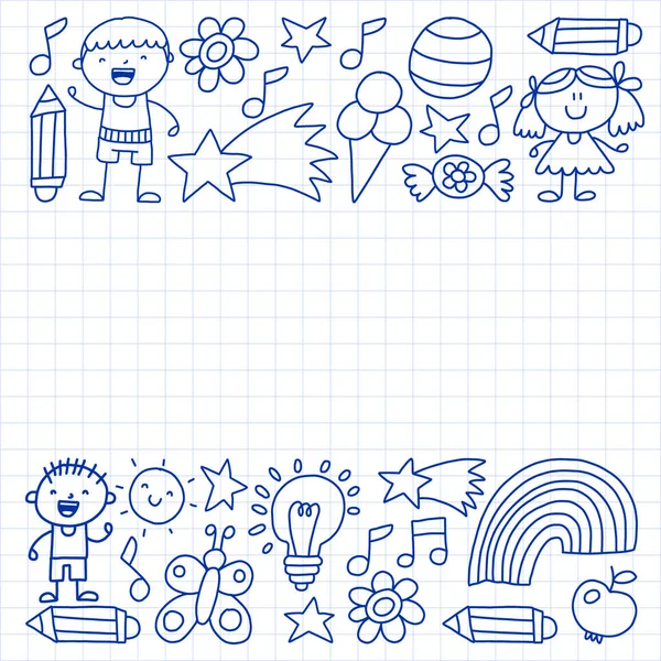 어린이 정원, Patern, 손으로 그려진된 펜 어린이 정원 요소 패턴, 그림, 벡터, 삽화, 단색 낙서. — 스톡 벡터
