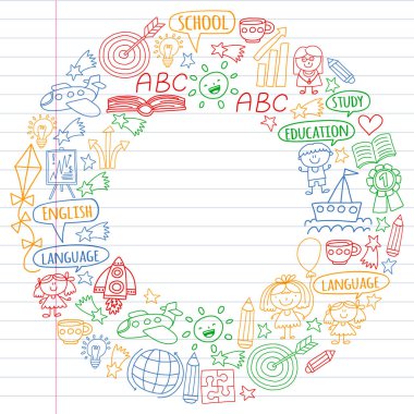 İngilizce dil, çocuk drawingicons simgeler doodle tarzı öğrenme seti vektör. Beyaz arka plan üzerinde doğrusal bir kağıda boyanmış, renkli, resimleri.