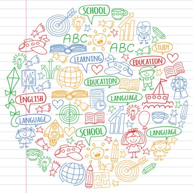 İngilizce dil, çocuk drawingicons simgeler doodle tarzı öğrenme seti vektör. Beyaz arka plan üzerinde doğrusal bir kağıda boyanmış, renkli, resimleri.