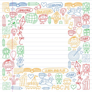 İngilizce dil, çocuk drawingicons simgeler doodle tarzı öğrenme seti vektör. Beyaz arka plan üzerinde doğrusal bir kağıda boyanmış, renkli, resimleri.