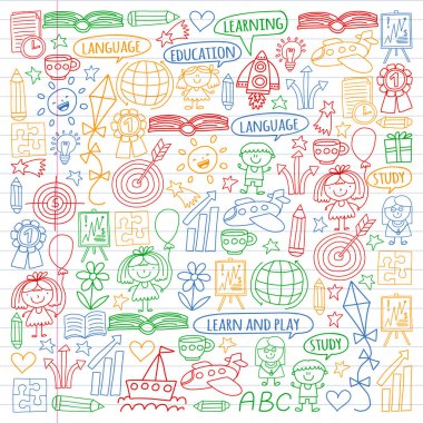 İngilizce dil, çocuk drawingicons simgeler doodle tarzı öğrenme seti vektör. Beyaz arka plan üzerinde doğrusal bir kağıda boyanmış, renkli, resimleri.