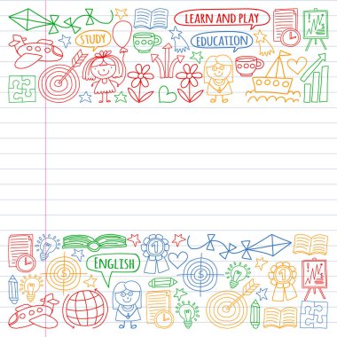 İngilizce dil, çocuk drawingicons simgeler doodle tarzı öğrenme seti vektör. Beyaz arka plan üzerinde doğrusal bir kağıda boyanmış, renkli, resimleri.